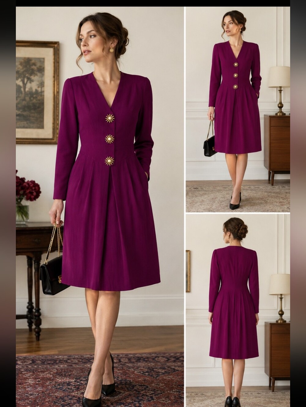 Vintage Tahari Magenta Wool Rayon Dress Jeweled Buttons Long Sleeve Size 2